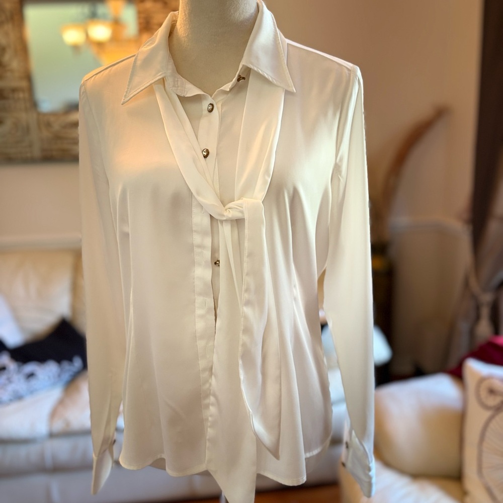 Bebe Cream Button Down Shirt with Tie Detail